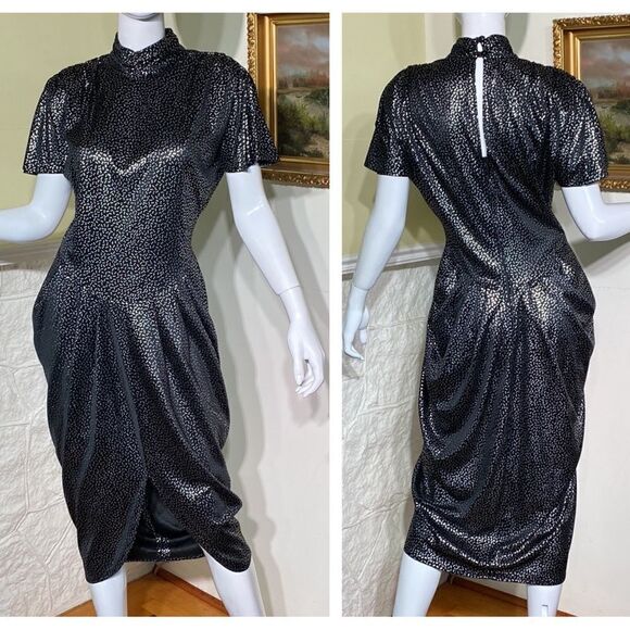 Vintage 70s Harem Draped Disco Dress Black Silver Dots - Picture 1 of 13